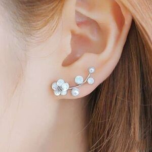 Rhinestone Flower Stud Earrings Silver Plated Climbers
